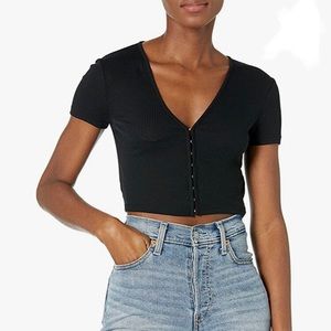 French Connection Large Sheila Jersey Hook N Eye Crop Top Summer Black Ribbed